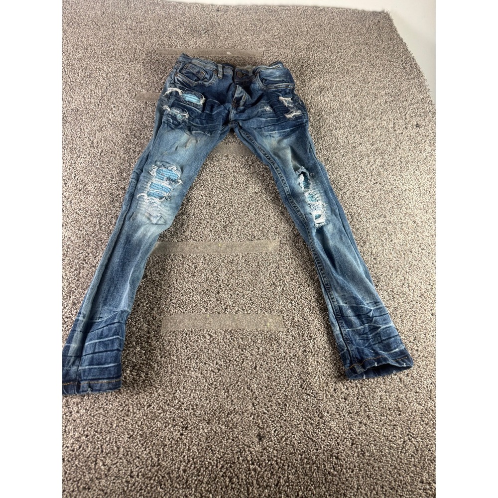 Evolution In Design Slim Denim Jeans Boys Blue Distressed Moto Biker Ripped - 14